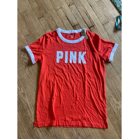 PINK NWT Victorias Secret Short Sleeve Shirt Orange Womens Medium - Picture 1 of 5